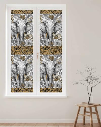 Window Privacy Film Frosted, Elephant Reusable Static Cling Window Tints, Tropical Flowers Palm Leaves Leopard Prints Heat Control Windows Films for Offices, Balcony, 29.5 x 118 Inches - Image 2