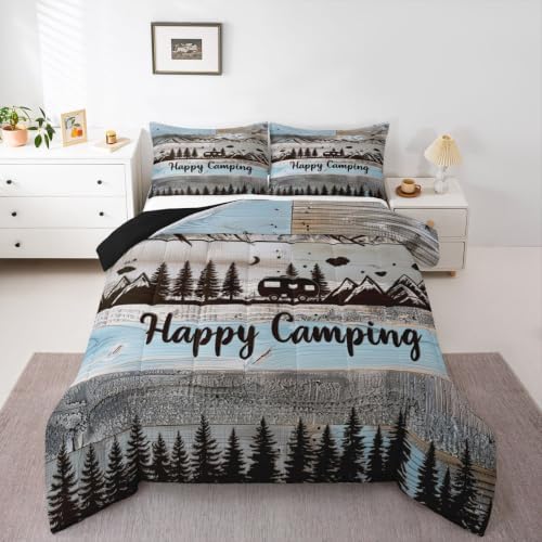 Erosebridal Rustic Camping King Comforter Set Rv Camper Bedding Set Country Farmhouse Wooden Board Comforter for Kids Boys Girls Mountain Pine Trees Quilt Duvet Blue Grey by Erosebridal