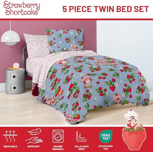 Strawberry Shortcake Twin Comforter Set 5 Piece Kids Bedding, Blue - Image 4