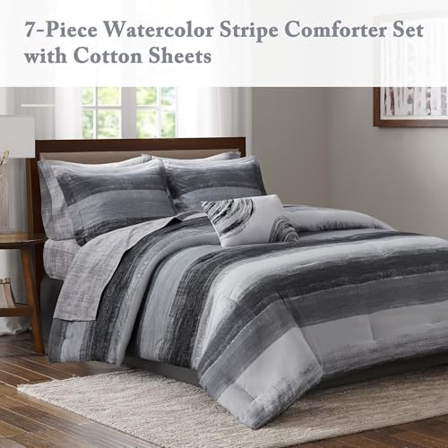 Madison Park Essentials Twin Comforter Set, Bed in a Bag, Watercolor Print Coastal Comforter & Chambray Cotton Sheet Set, All Season Bedding Set, Saben, Black Twin (68 in x 86 in) 7 Piece - Image 2
