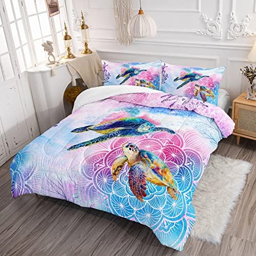 HOSIMA Sea Turtle Bedding,Coastal Beach Themed Comforters Queen Size for Kids Teen Girls Boys Room Decor, Toddler Bedding Set,Mandala Turtle Comforter with 2 Pillowcases. - Image 2