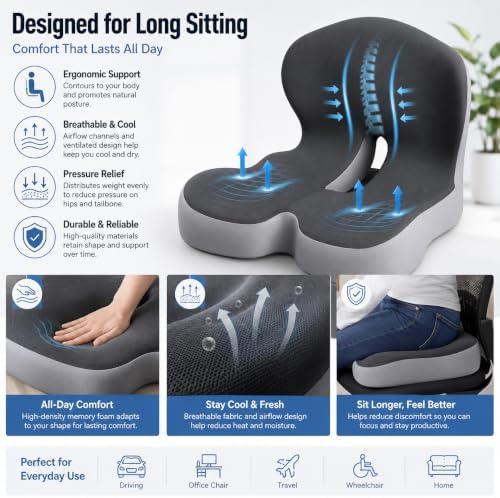 Orthopedic Seat Cushion – L-Shaped Lumbar Support Memory Foam Comfort for Long Sitting, Ergonomic Support for Office Chair, Wheelchair, Car & Travel (Blue,1) - Image 6