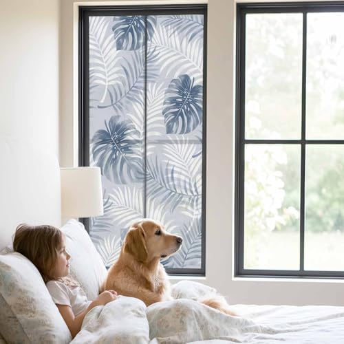 Window Privacy Film Frosted, Navy Blue Palm Trees Tropical Static Cling Door Window Covering, Summer Beach Botanical UV Blocking Windows Film for Office, Hotel, Bedroom, 29.5 x 78.7 Inches - Image 2