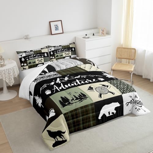 Castle Fairy Deer Antlers Comforter Set Twin Size,Bear Pine Arrow Hunting Adventure Bedding Set for Kids Boys Men,Camper Retro Green Plaid Checkered Quilted Duvet Set with 1 Pillowcase - Image 2