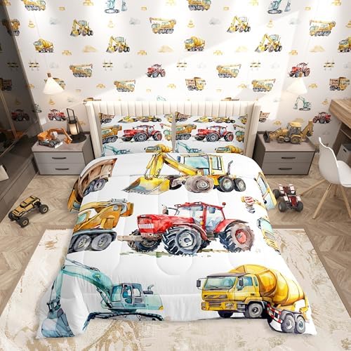 Erosebridal Kids Excavator Comforter Set Queen Size, Retro Truck Down Comforter for Boys Girls Teens, Tractor Machinery Construction Vehicle Bedding Set Crane Digger Mixer Quilted Duvet Bedroom Decor by Erosebridal