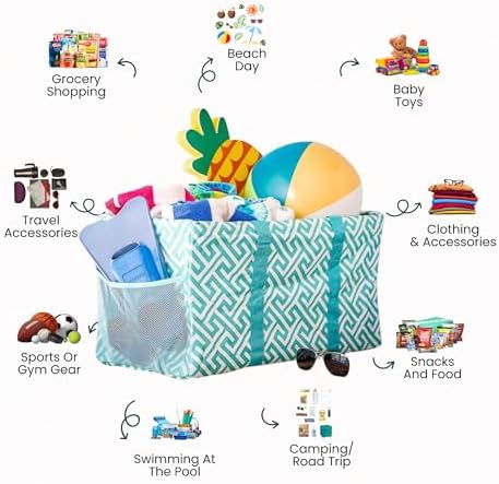 Extra Large Utility Tote Bag - Oversized Collapsible Beach Bag - Geo Teal - Image 3