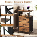 KOMFOTT 2 Nightstands with Charging Station, 27.5" Modern Bedside Table with 3 Fabric Drawers, Open Shelf & Side Pocket, End Table with 2 AC Outlets, USB and Type-C Port for Bedroom(Rustic Brown,2) - Image 7