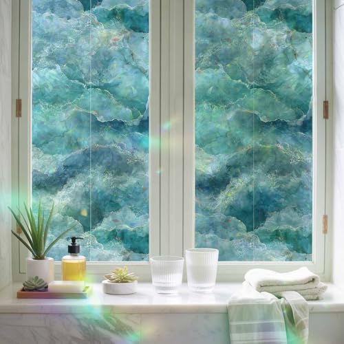 Turquoise Coastal Window Privacy Film Rainbow Static Cling Stain Glass Window Film for Glass Door, Decorative Heat Blocking Sunroof Decal Sticker for Car 23.6"x78.7" Modern Abstract Beach Waves Ocean - Image 6