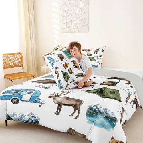Erosebridal RV Camper Camping King Comforter Set, Hunting Deer Bear Bedding Sets for Kids Girls Boys, Lakehouse Rustic Cabin Room Bedroom Decor, Outdoor Travel Trailers Bed Set - Image 4