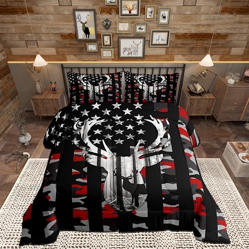Camo American Flag Full Size Comforter Sets for Kids,Deer Antlers Red Camouflage Bedding Flags for Room Teens,Wild Animal Hunting Farm Branches Leaves Stars Stripes USA Flag Down Comforter by CastleFairy