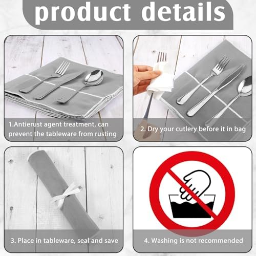 Hillban 12 Pcs Anti Tarnish Silverware Storage Bags Felt, 12 Slots, Grey - Image 3