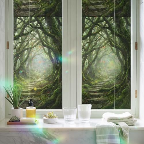 Green Forest Window Privacy Film Rainbow Static Cling Stain Glass Window Film for Glass Door, Decorative Heat Blocking Sunroof Decal Sticker for Car Home 35.4"x78.7" Misty Light Rustic Cottagecore - Image 6