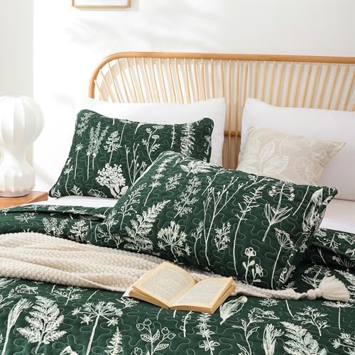 JANZAA Quilts Queen Size, Emerald Green Bedspread Floral Bedding Set 3 Pcs - Image 3