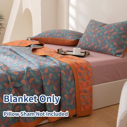 100% Cotton Muslin Blanket Jacquard Floral Ginkgo Leaves Print Quilt, Soft Bed Cover 3 Layers Reversible Bedspread Coverlet Breathable Lightweight Bedding Twin(59"x94"), No Pillow Sham - Image 2