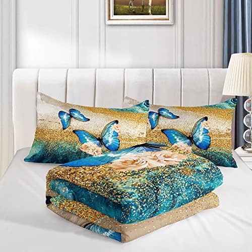 HOSIMA Butterfly Comforter Set with 2 Pillow Sham, Blue Floral Comforter - Queen Size for Kids and Women, Golden Vintage Pattern Bedding Set - Image 4
