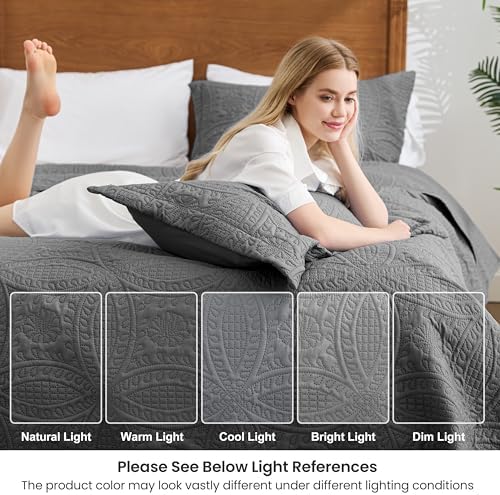 Love's cabin Quilts for Full Bed Dark Grey Bedspreads Bedding Set - Lightweight Bedspread Comforter - Coin Pattern Bedding Coverlet for All Season - 3 Pieces (1 Quilt, 2 Pillow Shams) - Image 6
