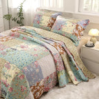 vctops Boho Patchwork Cotton Quilted Bedspread Quilt Set Queen Size 3 Pieces Soft Reversible Lightweight Coverlet Set Floral Print 1 Quilt and 2 Pillow Shams (Purple,Queen) - Image 4