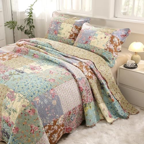 vctops Boho Patchwork Cotton Quilted Bedspread Quilt Set Queen Size 3 Pieces Soft Reversible Lightweight Coverlet Set Floral Print 1 Quilt and 2 Pillow Shams (Purple,Queen) - Image 4