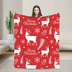 Merry Christmas Red Reindeer Snowflake Flannel Throw Blanket by Unknown