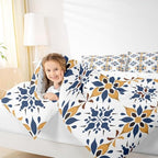 Erosebridal Mexican Style Full Bedding Set,Talavera Tile Ethnic Comforter Set for Kids Adults,Colorful Boho Floral Duvet Insert,Navy Blue Orange Geometric Bedroom Decor with 2 Pillowcases - Image 3