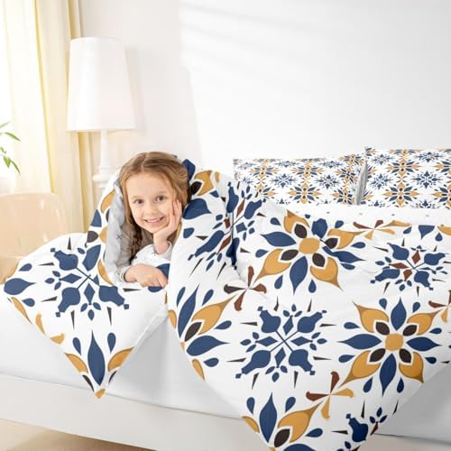 Erosebridal Mexican Style Full Bedding Set,Talavera Tile Ethnic Comforter Set for Kids Adults,Colorful Boho Floral Duvet Insert,Navy Blue Orange Geometric Bedroom Decor with 2 Pillowcases - Image 3