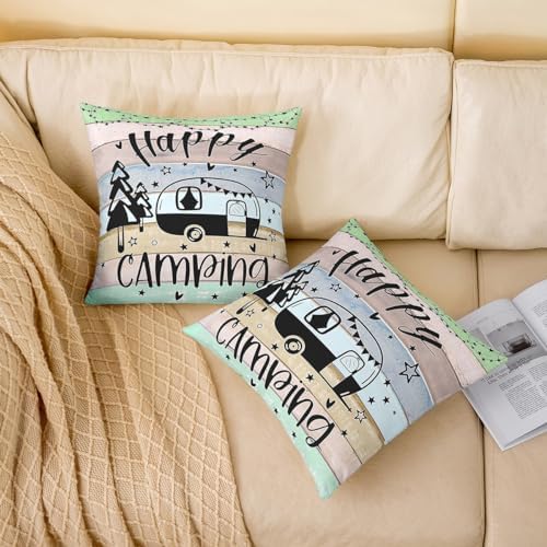 Feelyou Happy Camping Throw Pillow Covers 20"x20" Set of 4 Gifts for RV Owners Camper Decorative Pillow Case Rustic Farmhouse Style Cushion Case RV Decor Outdoor Pillows Covers for Travel Trailers - Image 3