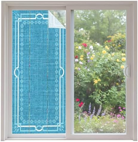 Window Privacy Film Frosted, Azure Blue Botanical Non-Adhesive Static Cling Window Tint, Vintage Florals Geometric Minimalist Insulated Windows Frosted Films for Living Room, 35.4 x 78.7 Inches by Unknown