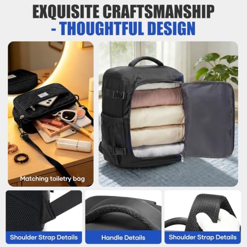 suwasp Travel Backpack with Toiletry Bag Set for Women Men,Ryanair Backpack 40x30x20CM Airline Approved Personal Item Travel Bag, Carry On Backpack Fits 14 Inch Laptop, 180° Opening,Black - Image 3