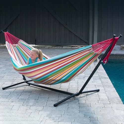 Vivere Double Cotton Hammock with Space Saving Steel Stand, Upgraded Polyester End Strings 450 lb Capacity - Premium Carry Bag Included - USA Grown Cotton (Salsa) - Image 5