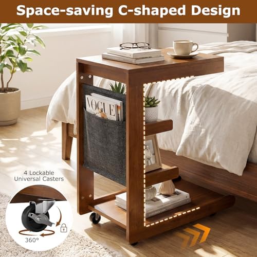 GIANTEX C-Shaped End Table with Wheels, Wooden Rolling Side Table w/Adjustable Desktop, Edge Stopper, Side Pocket & 3 Storage Shelves, Sofa Couch Bedside TV Tray for Living Room Bedroom (Brown,1) - Image 5