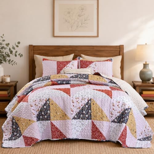JANZAA Quilts Queen Size, Burnt Orange Patchwork Floral Bedspread 3Pcs by JANZAA