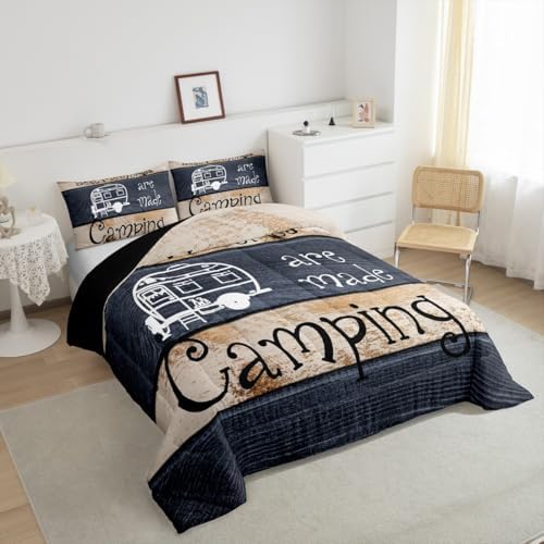 Erosebridal Happy Camping Comforter Full Rustic Camper Rv Comforter Set for Kids Adults Farmhouse Cabin Camper Bedding Set for Bunks,Navy Brown Barn Door Quilt Duvet Insert 2 Pillow Cases - Image 5