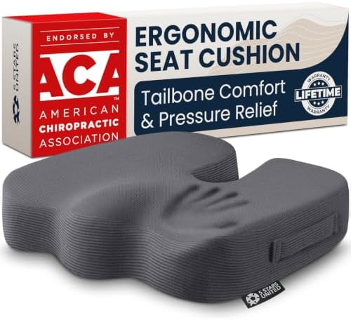 5 STARS UNITED Seat Cushion - Memory Foam Chair Cushion for Tailbone Pain Relief - Ergonomic Support for Coccyx, Sciatica & Butt - Office, Desk & Gaming Chair, Car Seat, Wheelchair, Airplane, D Gray by 5STARSUNITED