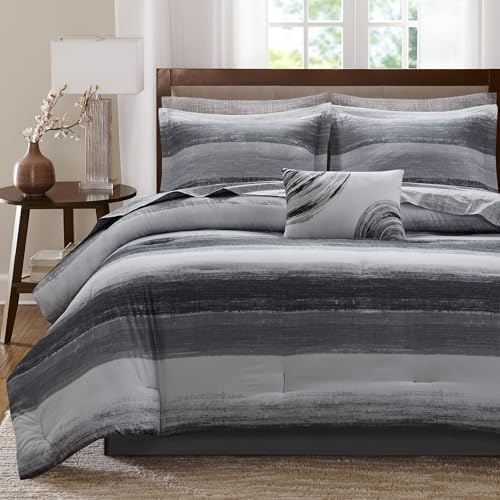 Madison Park Essentials Full Comforter Set, Bed in a Bag, Watercolor Print Coastal Comforter & Chambray Cotton Sheet Set, All Season Bedding Set, Saben, Black Full (78 in x 86 in) 9 Piece by MADISONPARK