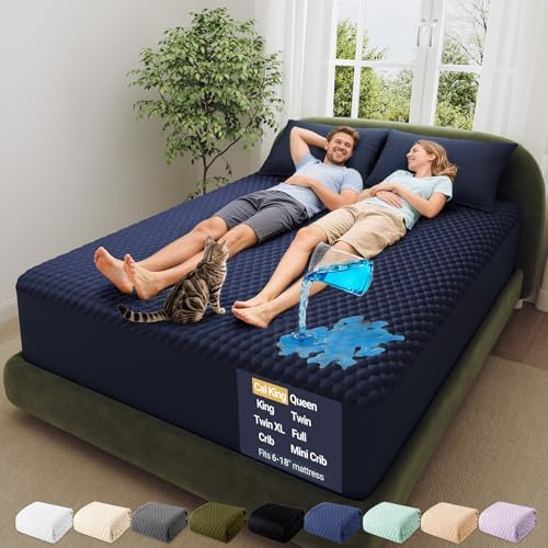 OhGeni Waterproof Mattress Protector,Cal King Navy Soft Bamboo Viscose Top Layer Pad,3D-Air Fabric Cooling Fitted Sheets,Bed Cover,Deep Pocket Hotel Pet Stain Proof Over 99 Count Hex Bumps by OhGeni