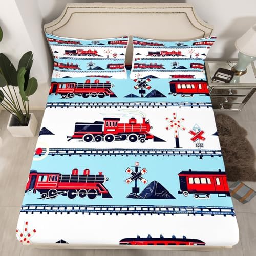 Red White and Blue Train Fitted Sheet Cartoon Train Railroad Tracks Kids Bedding Set Traffic Transportation Track Bed Sheets Cute Retro Vintage Vehicle Sheets Twin 2Pcs, 1 Fitted Sheet 1 Pillowcase by Erosebridal