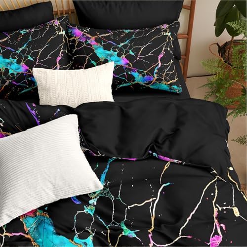 CCoutueChen Black Marble Comforter Set Full Size, Blue Tie Dye Bedding Set with Abstract River Texture, 3 Pieces 79"x90" - Image 6