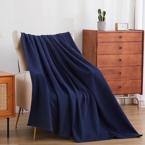 100% Egyptian Cotton Waffle Weave Throw Blanket for Bed Couch Sofa Home Decor, Soft Lightweight Bed & Couch Blanket for All Seasons (Navy Blue - Queen Size - 90 * 90") - Image 3