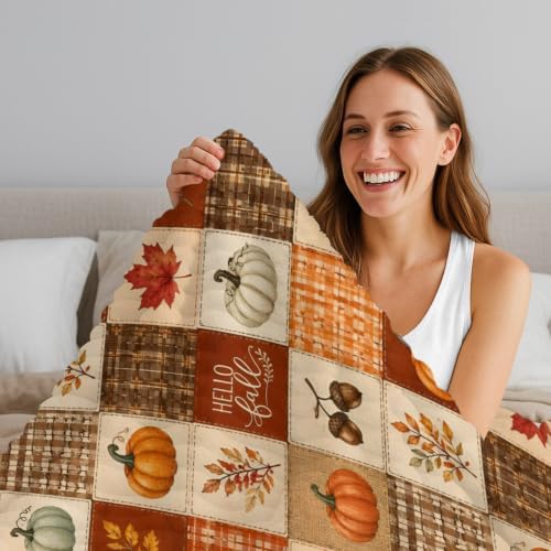 Fall Pumpkins Throw Blanket, Autumn Maple Leaves Fluffy Soft Blankets for Couch Bed, Orange Plaid Thanksgiving Plush Microfiber Striped Flannel Blankets, Farmhouse Lightweight Sofa Blankets 60"x80" - Image 4