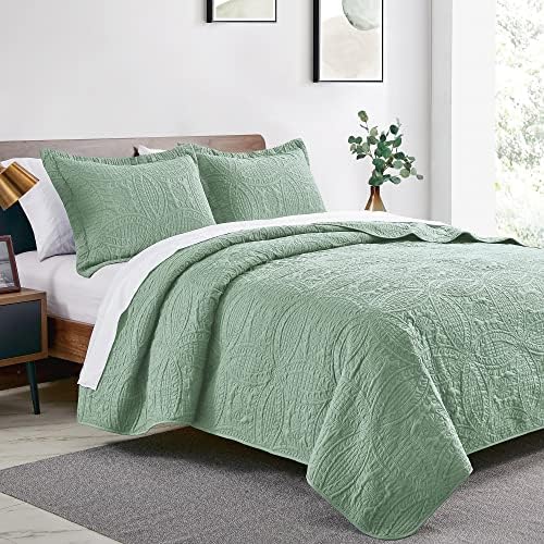Love's cabin California King Size Quilt Bedding Set Sage Bedspreads - Cal King Summer Lightweight Bedspread Comforter - Coin Pattern Coverlet for All Season - 3 Pieces (1 Quilt, 2 Pillow Shams) - Image 2