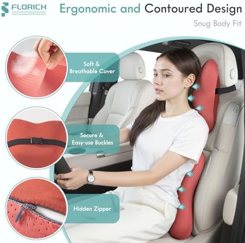 FLORICH Car Lumbar Support Pillow and Neck Headrest Pillow for Office Chair, Ergonomic Memory Foam, Relieves Neck, Back Pain, Pressure-Relieving Back Support for Car, Office Chair & Wheelchair – Red - Image 2