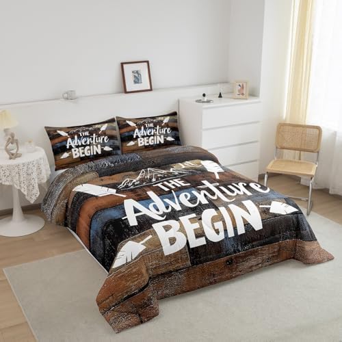 Erosebridal Rustic Farmhouse Comforter Set for Cabin Camper King Bedding Set for Rv Bunks,Happy Camping Quilt Comforter for Kids Boys Adults Men,Retro Grunge Brown Rusty Planks Duvet Insert 3 Pcs - Image 3