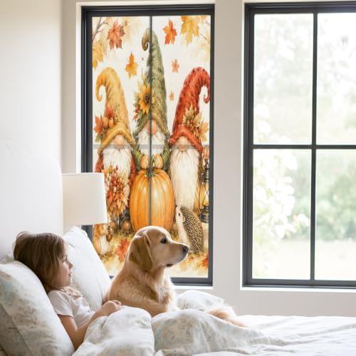Window Privacy Film Frosted, Fall Pumpkins Static Cling Door Window Covering, Thanksgiving Autumn Gnomes Maple Leaves UV Blocking Windows Film for Office, Hotel, Bedroom, 29.5 x 78.7 Inches - Image 2