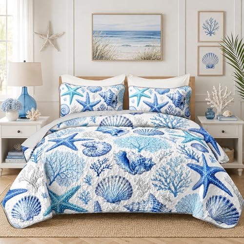 HOSIMA Blue Ocean Quilt King Size Coastal Bedding with 2 Pillowcases. by HOSIMA