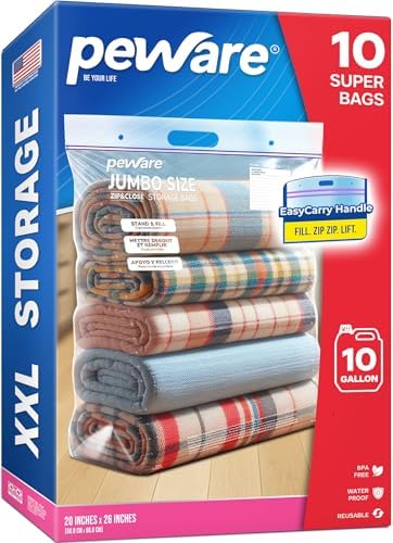 10 Gallon Extra Large Storage Bags with Handle, Jumbo Zip Seal Lock Bag by Peware