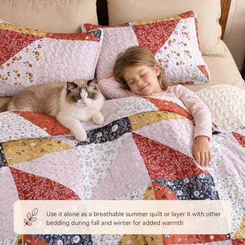 JANZAA Quilts Queen Size, Burnt Orange Patchwork Floral Bedspread 3Pcs - Image 2