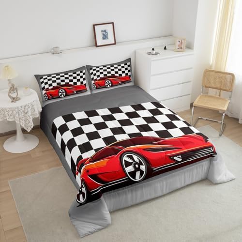 Racing Car Comforter Set, Cool Speed Race Car Down Comforter Twin Size For Kids Boys Girls Teens Bedroom, Automobile Extreme Sport Quilted Duvet Grid Buffalo Duvet Insert With 1 Pillow Cases - Image 4
