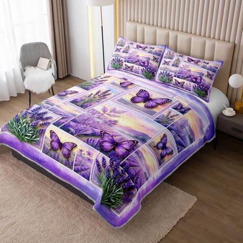 HOSIMA Lavender Butterfly Floral Patchwork Quilt Queen with 2 Pillowcases. - Image 2