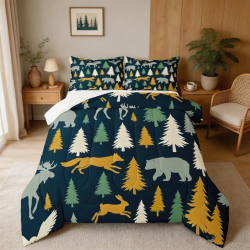 Feelyou Moose Fox Comforter Set Twin Size Soft Kids Nature Woodland Wild Animal Bedding Set with Pillow Case Farmhouse Bear Bathroom Lightweight Breathable Comforter by Feelyou