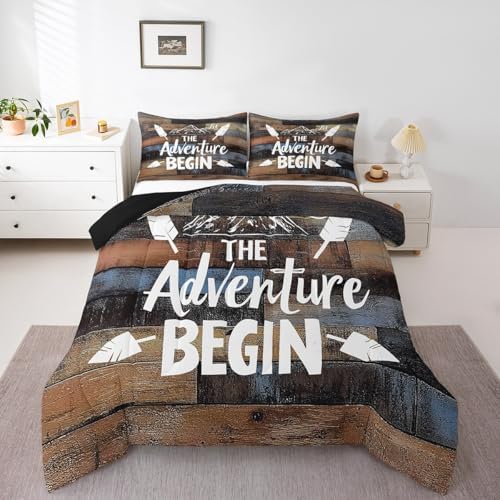 Erosebridal Rustic Farmhouse Comforter Set for Cabin Camper King Bedding Set for Rv Bunks,Happy Camping Quilt Comforter for Kids Boys Adults Men,Retro Grunge Brown Rusty Planks Duvet Insert 3 Pcs by Erosebridal